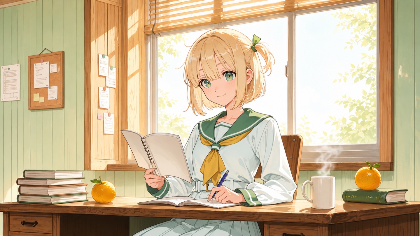窓辺の机でノートを開くゆずふかちゃん
