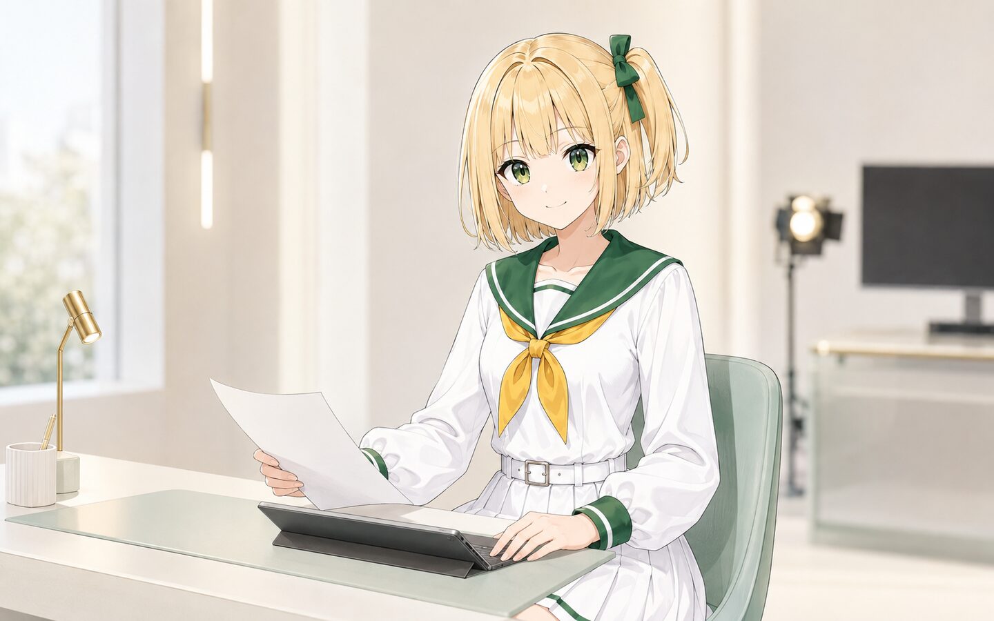 静かな編集室で紙とタブレットを整理するゆずふかちゃん