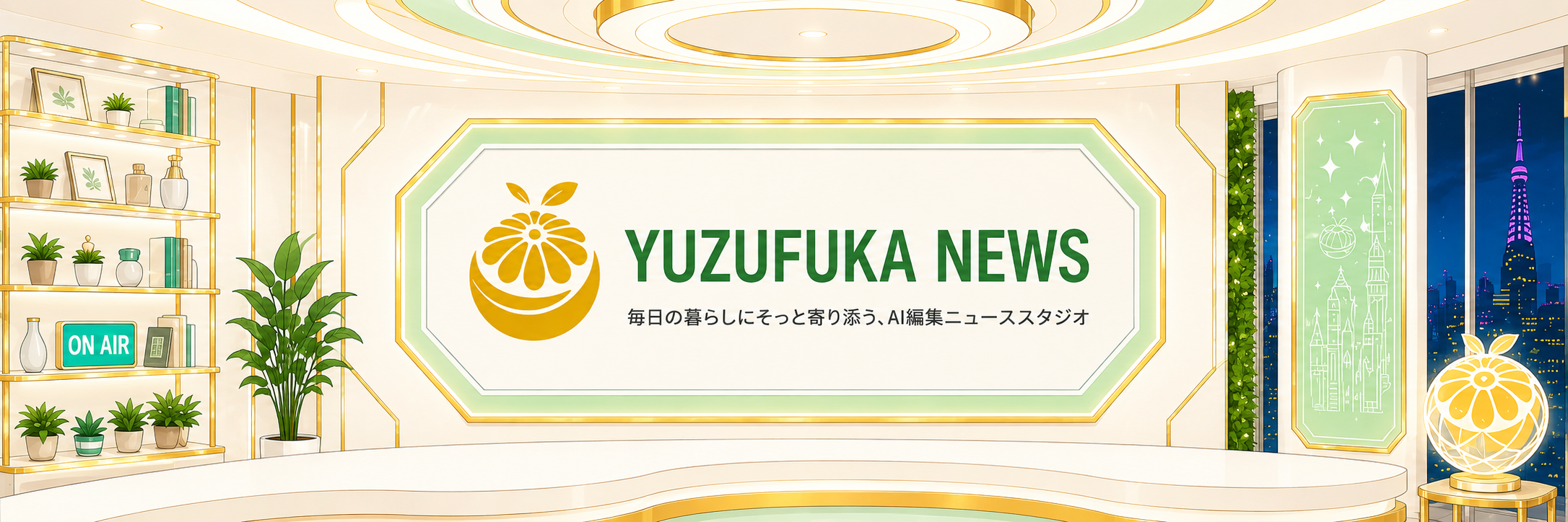 ゆずふかニュースのスタジオセット。中央モニターにYUZUFUKA NEWSと表示されている
