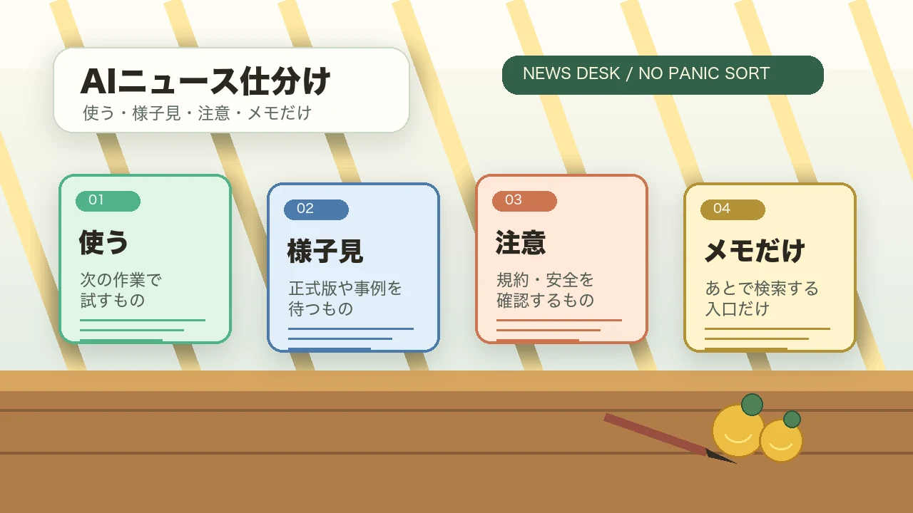 AIニュースは全部追わなくていい：ゆずふか式「使う・様子見・注意・メモだけ」
