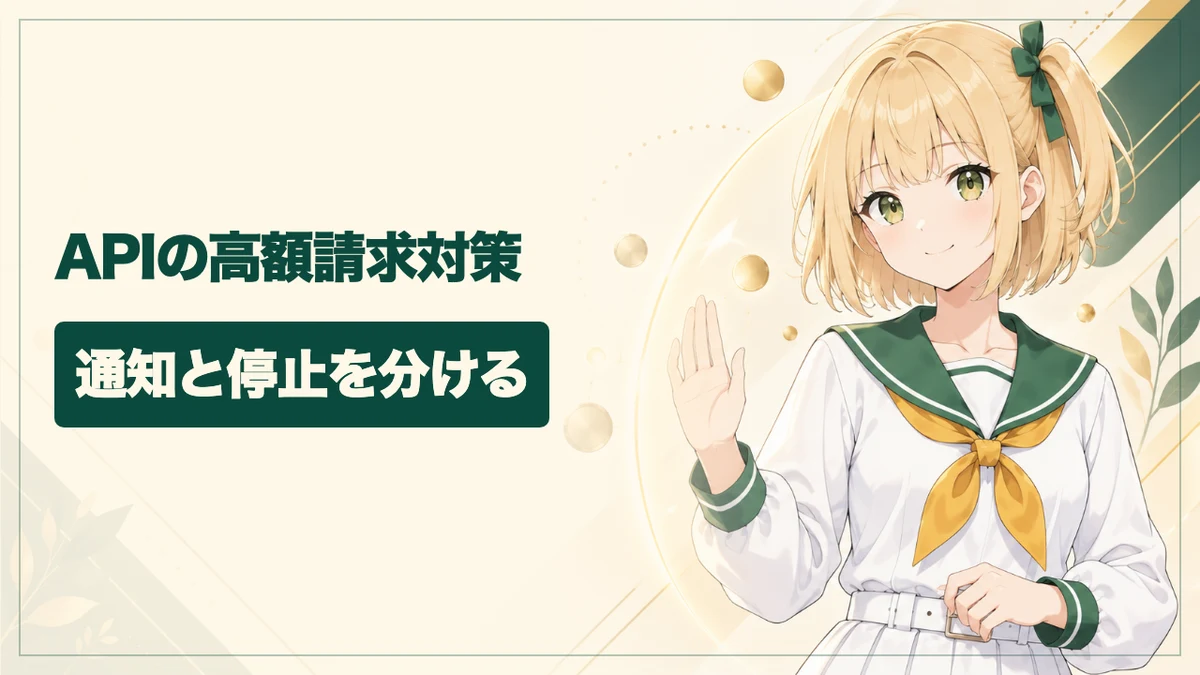 手を上げて停止を促すゆずふかちゃんと、APIの高額請求対策・通知と停止を分けるという見出し