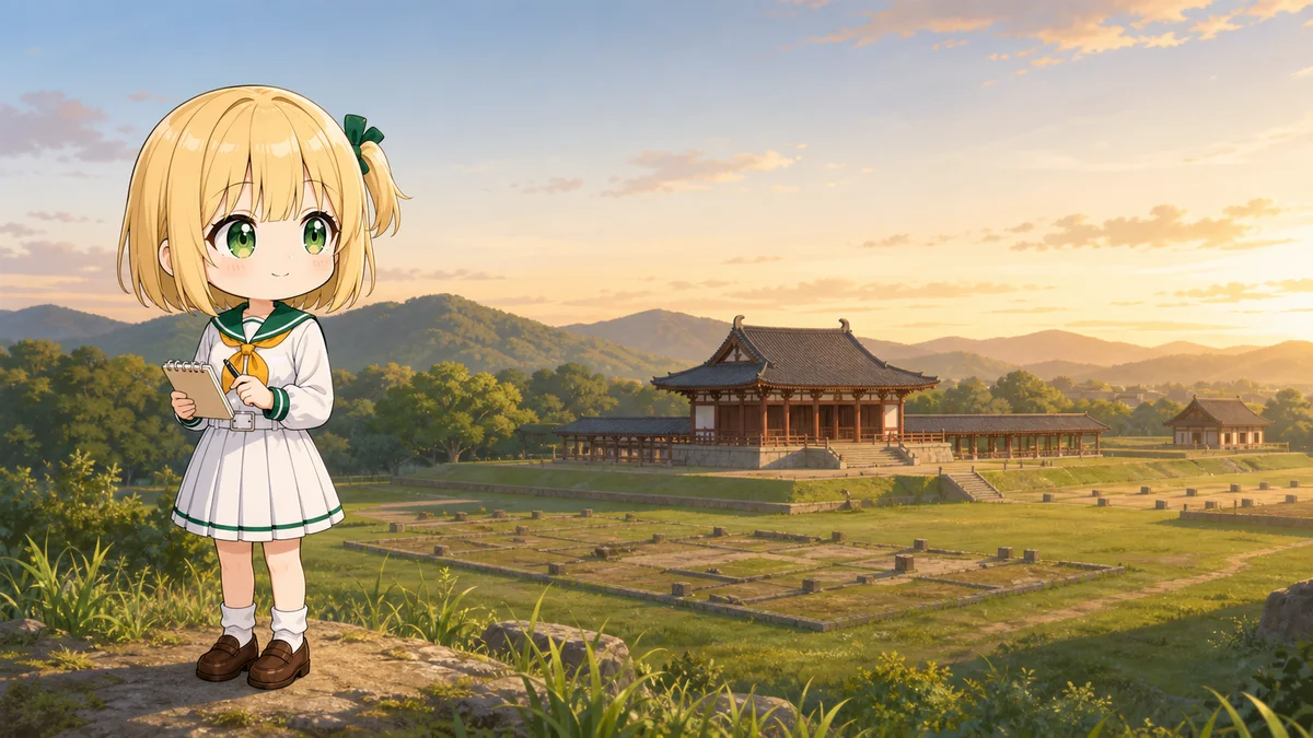 夕暮れの古代宮都と遺跡を見ながらノートを取る通常衣装のゆずふかちゃん